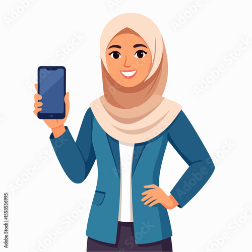 A woman wearing a hijab holds up a phone in a cartoonstyle illustration