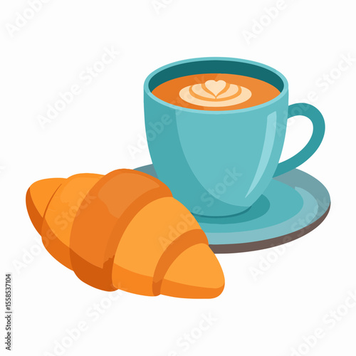 A blue cup of latte with latte art rests on a saucer next to an orange croissant