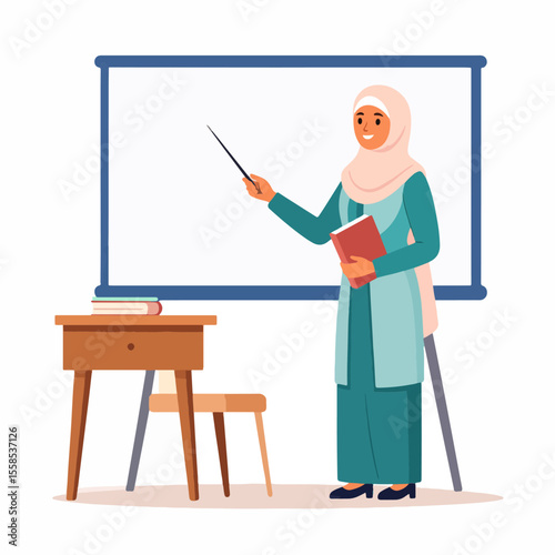 A hijabclad teacher stands before a whiteboard pointing with a rod a book in hand near a desk and chair