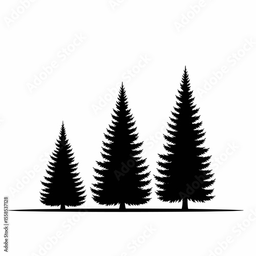 This high-quality EPS vector graphic features a minimalist black silhouette set of three evergreen trees (short, tall, medium) with a ground line, emphasizing nature, forests, and clean design.