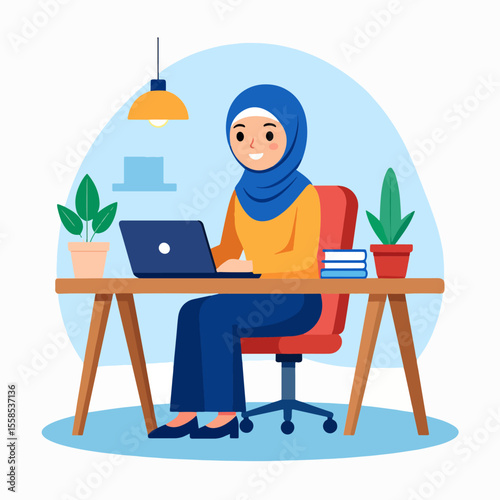 Woman in hijab works at desk with laptop plants