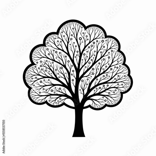 This high-quality EPS vector graphic features a minimalist black tree silhouette with a thick trunk, dense rounded canopy, and intricate branches, emphasizing nature, growth, and clean design.