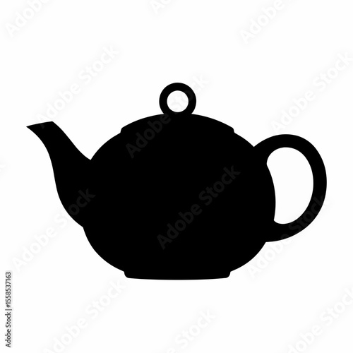 This high-quality EPS vector graphic features a minimalist black teapot silhouette with a circular opening, spout, and handle, emphasizing beverages, kitchenware, and clean design.