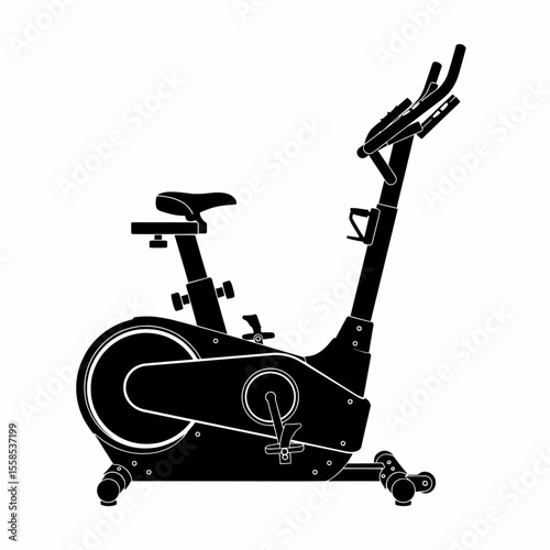 This high-quality EPS vector graphic features a minimalist black silhouette stationary exercise bike with a flywheel, pedals, adjustable seat, and handlebars, emphasizing fitness and clean design.
