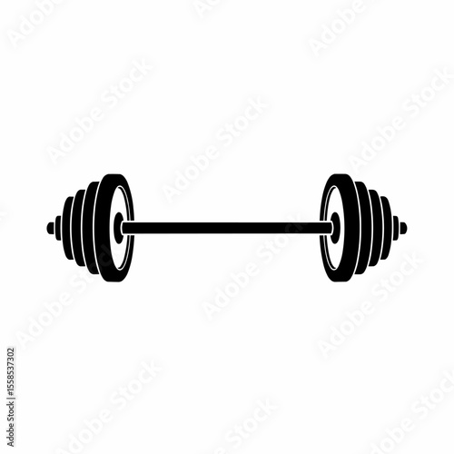 This high-quality EPS vector graphic features a minimalist black silhouette barbell with a long bar and multiple stacked weight plates, emphasizing fitness, strength, and clean design.
