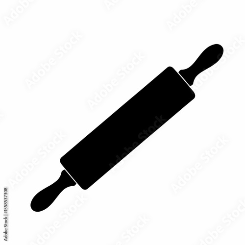 This high-quality EPS vector graphic features a minimalist black rolling pin silhouette with a cylindrical body and curved handles, emphasizing baking, kitchenware, and clean design.