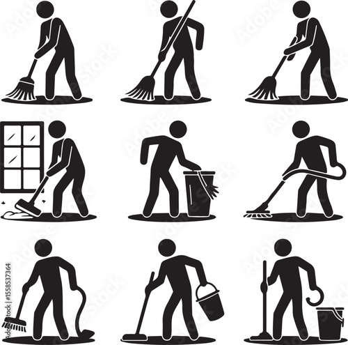 Clean Wash Wipe Vacuum Cleaner Worker Pictogram Sign