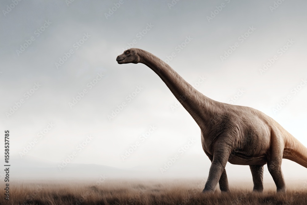 Fototapeta premium Brachiosaurus in open field, Dinosaur walking calmly, Prehistoric wildlife concept scene