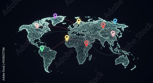 Digital World Map with Colorful Location Markers, Global Network Connectivity and Information Sharing, World Map with Location Pins Representing Networked International Presence