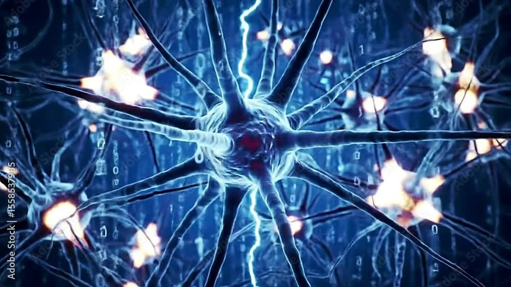 Neuron Brain Cell Network with Blue Glowing Cyberspace and Binary Code – AI Concept Animation