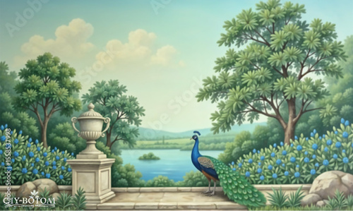 Vintage Greek garden with peacock, stone temple, dome, and stairs — classical architectural wallpaper vector illustration for historical decor and design