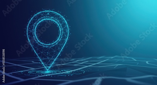 Digital Location Pointer Hologram on Futuristic Map, Data Point Locator with Geometric Grid Connection and Blue Background