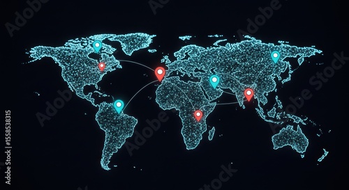 World map showing global connections with location pointers, Digital representation of international communication network visualization