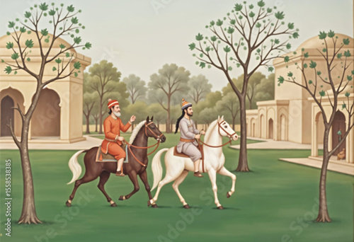 Traditional Mughal emperor riding a horse in a lush garden with peacock and tree — Indian miniature vector illustration for wallpaper and heritage decor