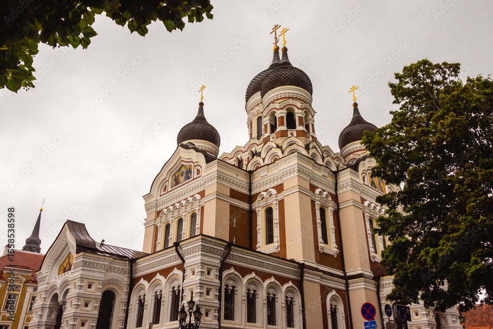 Fototapeta premium The Alexander Nevsky Cathedral in Tallinn, Estonia, featuring ornate Russian Revival architecture and striking onion domes, a major Orthodox landmark.