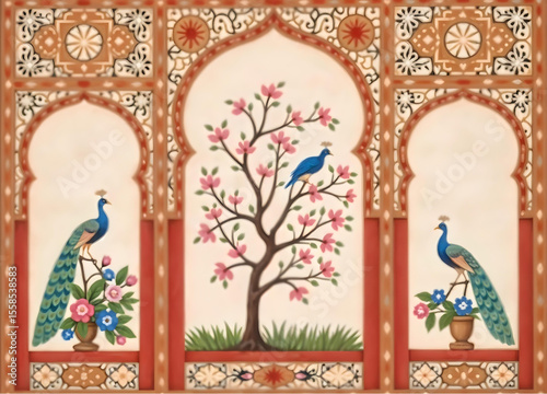 Moroccan traditional arch with floral motifs, tree, and peacock — elegant wallpaper vector illustration for exotic interior decor, mural, and design themes