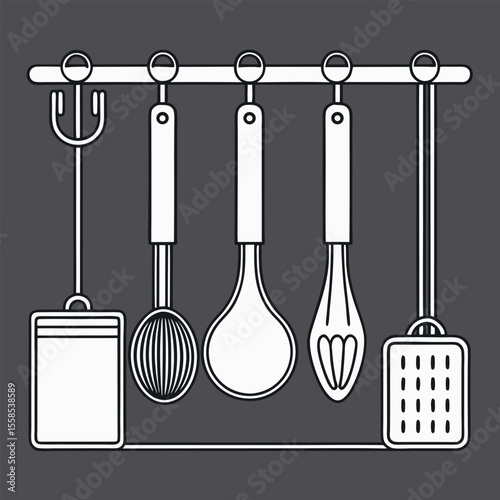 Line art vector of cooking utensils such as ladle, spatula, whisk, and slotted spoon hanging from a kitchen rack, clean and minimal.