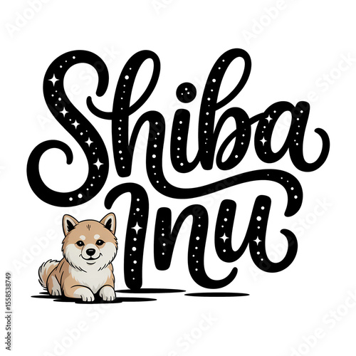 Shiba Inu illustration featuring a cute dog with decorative lettering in a playful design
