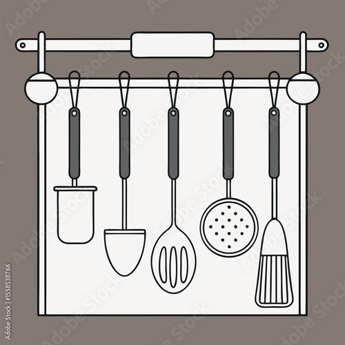 Line art vector of cooking utensils such as ladle, spatula, whisk, and slotted spoon hanging from a kitchen rack, clean and minimal.