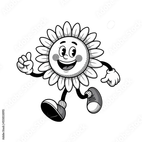 Cheerful cartoon sunflower character engaged in fun activity with a bright expression in a lively setting