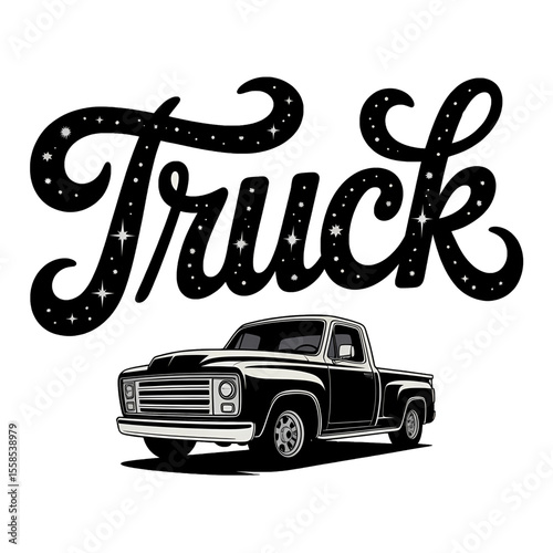 Classic pickup truck design with retro style lettering displayed in a bold graphic format