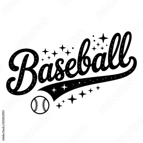 Baseball graphic design featuring player silhouette and ball with decorative elements in a dynamic style