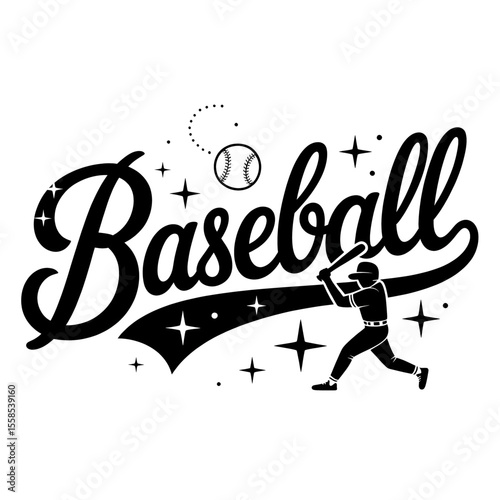 Baseball graphic design featuring player silhouette and ball with decorative elements in a dynamic style