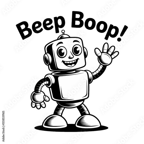 Friendly cartoon robot waving hello in black and white with cheerful expression and joyful demeanor