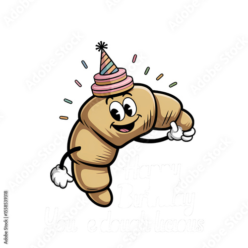 Fun cartoon croissant character celebrating a birthday with a party hat and cheerful demeanor