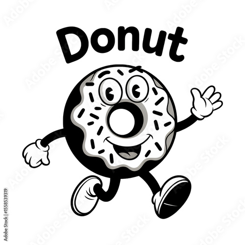 Cheerful cartoon donut character waving hello in a playful design