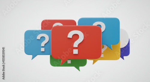 Colorful Question Mark Speech Bubbles on White Background, Stacked Speech Bubbles with Question Marks Symbolizing Queries