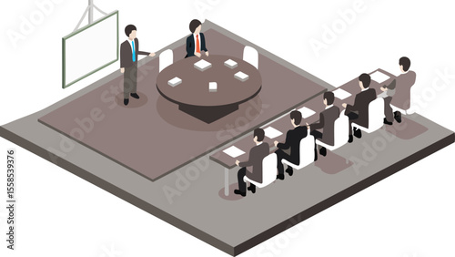 Isometric view of a business meeting with a presenter and participants in a conference room setting