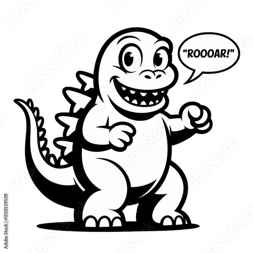Cartoon godzilla character with a cheerful expression and playful stance on a white background