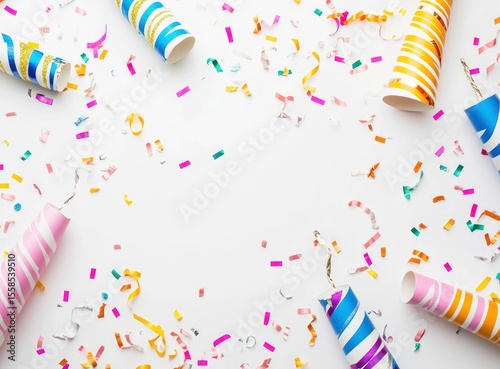 Scattered party crackers and colorful confetti on white background