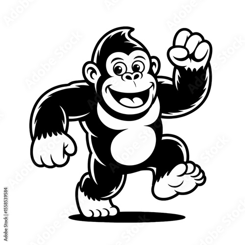 Cartoon gorilla character in a joyful running pose with a friendly expression in a simplistic style