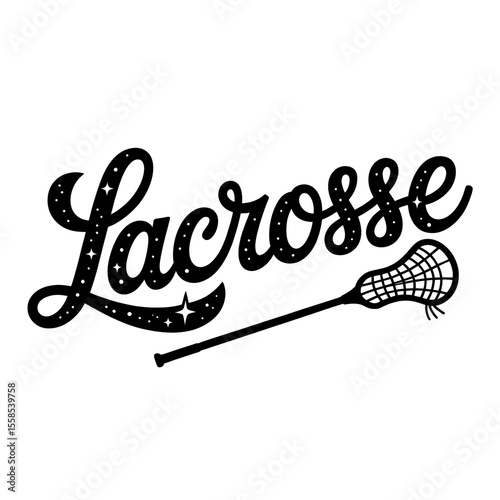 Creative lacrosse design featuring a stick and a stylish script, perfect for sports enthusiasts and team spirit