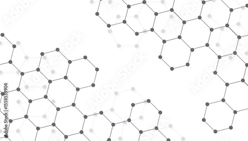 Hexagons pattern on gray background. Genetic research, molecular structure. Chemical engineering. Concept of innovation technology. Used for design healthcare, science and medicine background 