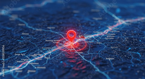 Detailed Blueprint of a Location with Roads and Red Pin, Futuristic Blue Location Map with Glowing Red Pinpoint and Detailed Geographic Features