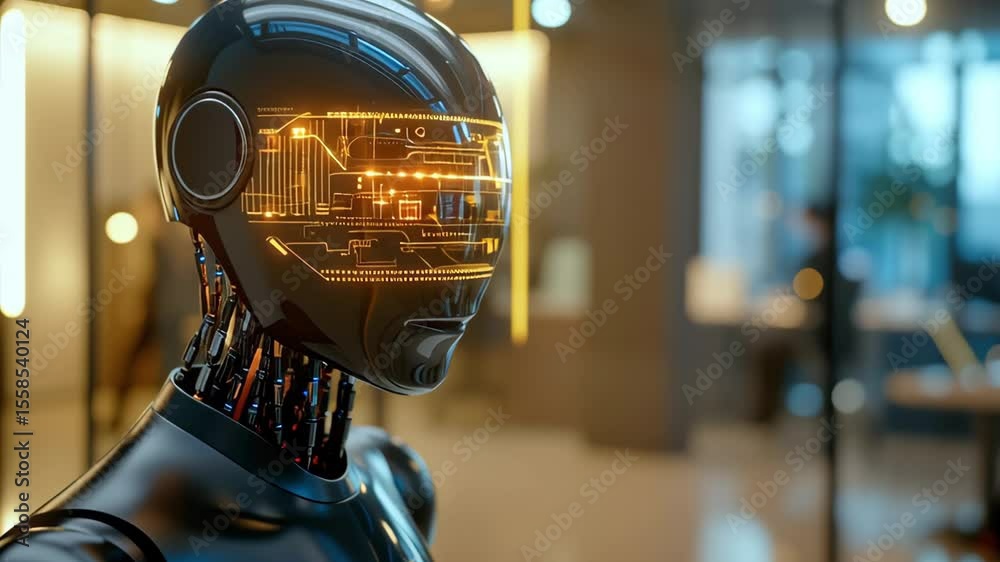 An agentic AI robot with an intricate heads up display in a modern office, showing the future of work and collaboration between humans and advanced machines in evolving business models