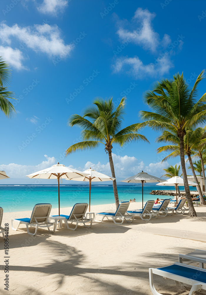 Obraz premium ye-level photo of a tropical beach lined with rows of white lounge chairs and blue-and-white umbrellas, surrounded by palm trees and facing a turquoise sea. 