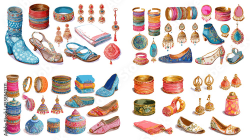 Colorful watercolor illustrations of Indian accessories including bangles, earrings, sandals, and juttis, ideal for cultural fashion, ethnic celebration, and festive design projects.

