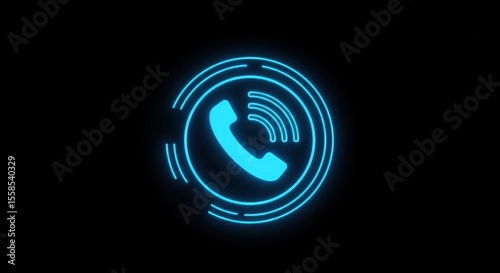 Glowing Telephone Icon on Black Background, Futuristic Incoming Call Symbol on Dark Backdrop
