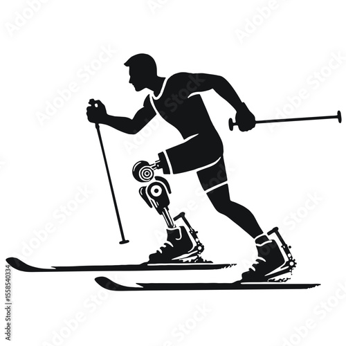 Skier with prosthesis: technological silhouette embodying determination and resilience on snowy slope.