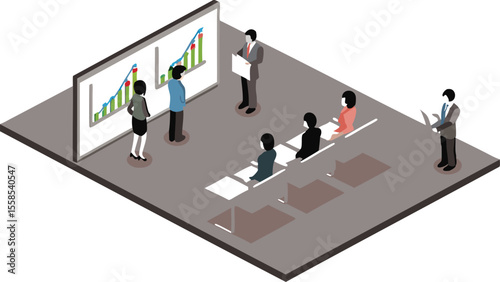 Isometric view of a business presentation with charts and graphs being delivered to a seated audience