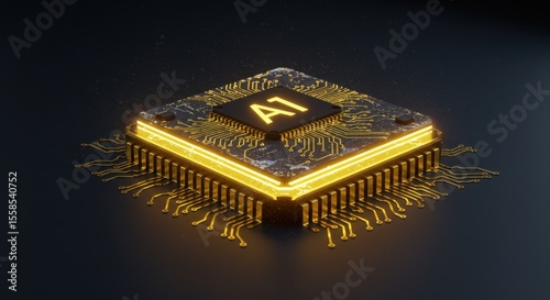 Glowing AI Chip on a Black Background, Artificial Intelligence and Technology Concept