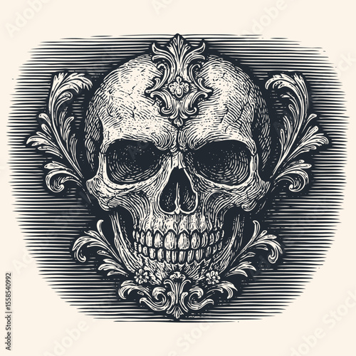 An ornate human skull decorated with baroque acanthus leaves. A detailed vector illustration in a classic vintage engraving and woodcut style for dark art.