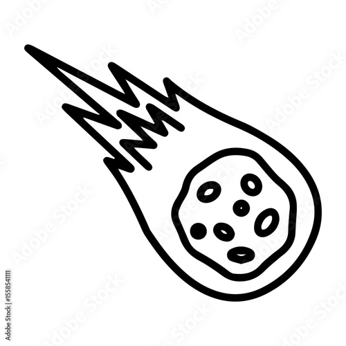 Outline style image depicts a meteor hurtling through space or atmosphere, marked by its rocky form and a flaming tail, convey speed and intensity. Related to astronomy, space exploration, science