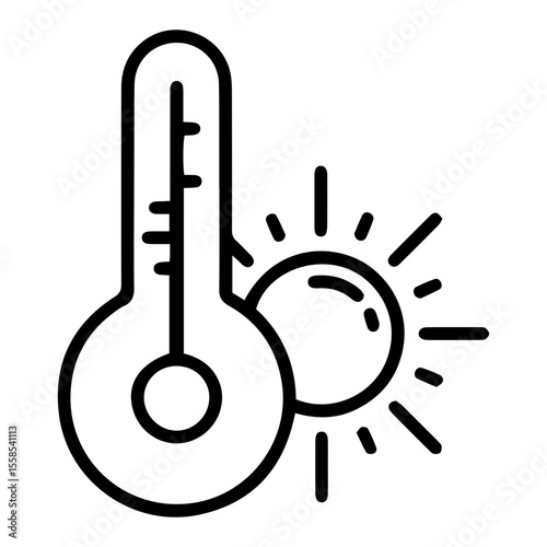 Outline style image represents the concept of rising heat or high temperature, depicted through a thermometer adjacent to a radiant sun. Related to rising temperatures, hot environment, weather