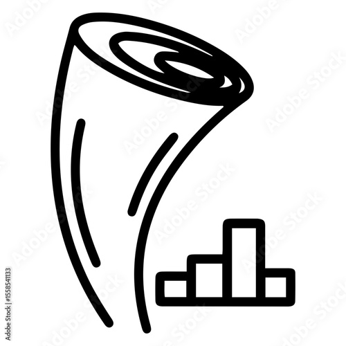 Outline style image depicts the powerful force of a strong wind or tornado, shown through a swirling vortex with an abstract indicator of its intensity. Related to weather phenomena, climate change