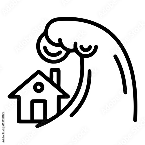 Outline style image graphically depicts the destructive force of a massive tsunami wave engulfing a residential house, the impact of the natural disaster. Related to environmental force threats